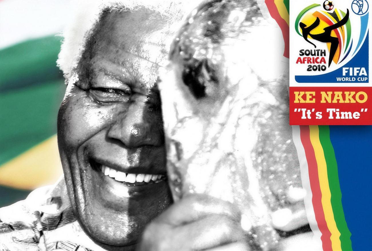Nelson Mandela smiling, with the Ke Nako It's Time 2010 FIFA World Cup graphic